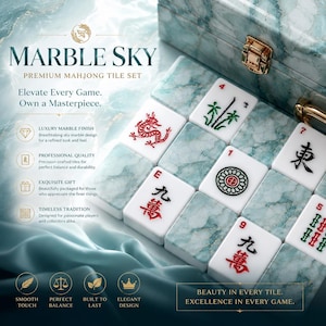 May include: A Marble Sky premium mahjong tile set featuring white tiles with a teal and white marble pattern on the back. The tiles display various red, green, and black traditional symbols and characters. A matching marble-patterned storage box is included.