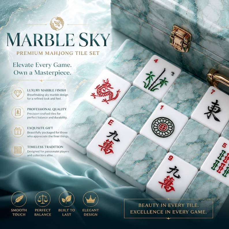 May include: A Marble Sky premium mahjong tile set featuring white tiles with a teal and white marble pattern on the back. The tiles display various red, green, and black traditional symbols and characters. A matching marble-patterned storage box is included.