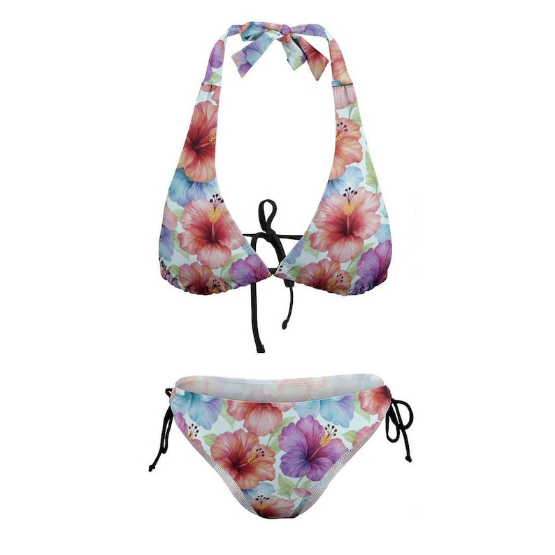 A floral halter bikini set with tie-side bottoms is displayed flat against a white background.