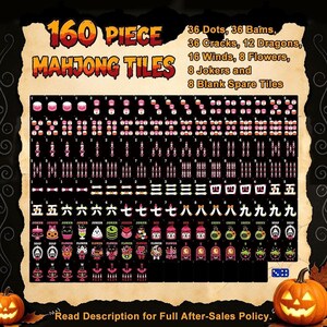 A grid displays all 160 tiles of the black mahjong set categorized by dots, bams, cracks, dragons, winds, flowers, jokers, and blanks.