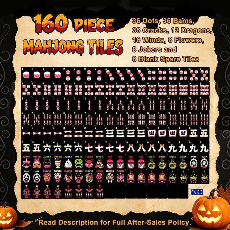 A grid displays all 160 tiles of the black mahjong set categorized by dots, bams, cracks, dragons, winds, flowers, jokers, and blanks.