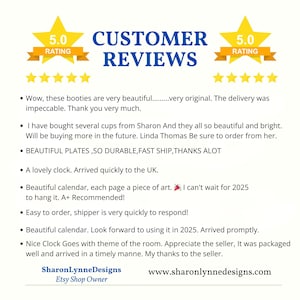 A white sign with customer reviews and a 5.0 rating, including text like "Wow, these booties are very beautiful...very original. The delivery was impeccable. Thank you very much."