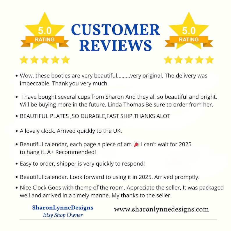 A white sign with customer reviews and a 5.0 rating, including text like "Wow, these booties are very beautiful...very original. The delivery was impeccable. Thank you very much."