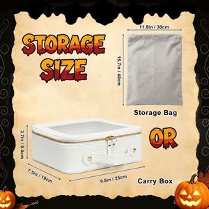 A comparison graphic shows the dimensions and features of a white storage box and a grey storage bag.