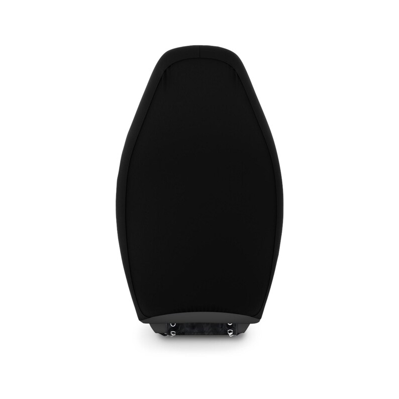 A black car seat cover, seen from the back, on a white background.