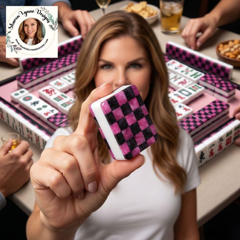 Pink Black Checkered American Mahjong Tiles Set - Modern Game Pieces
