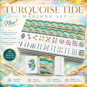 May include: A Turquoise Tide mahjong set featuring white porcelain tiles with colorful floral, numerical, and dragon designs. The set includes tiles with a marbled turquoise, gold, and white pattern on the back, alongside joker tiles.