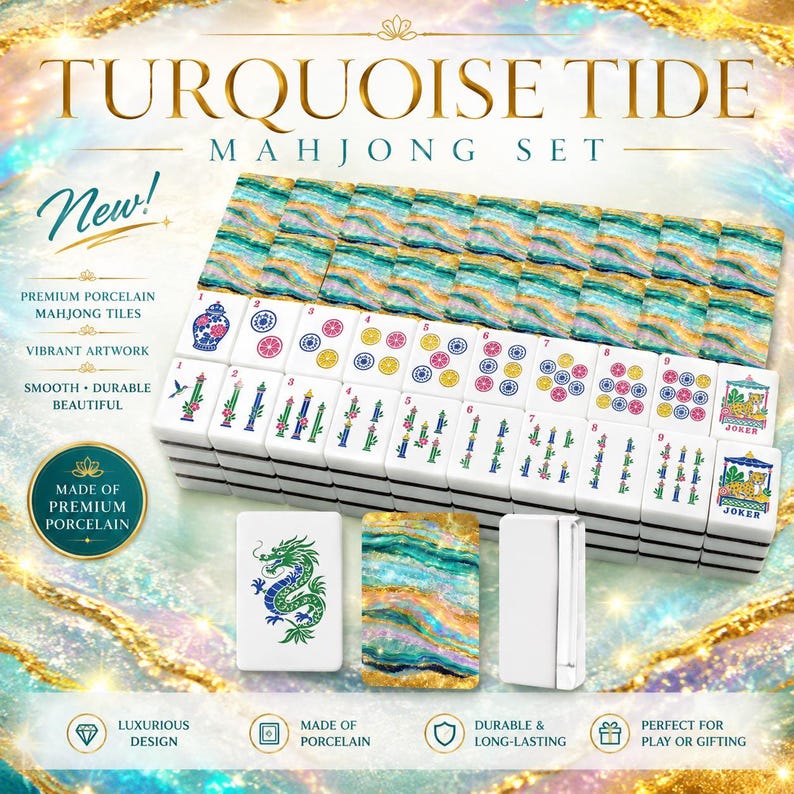 May include: A Turquoise Tide mahjong set featuring white porcelain tiles with colorful floral, numerical, and dragon designs. The set includes tiles with a marbled turquoise, gold, and white pattern on the back, alongside joker tiles.