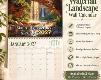 Calendário de parede com paisagens de cachoeiras, 2027. Fotos da natureza impressas em papel fosco.