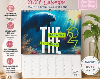 Manatee Illustrated Wall Calendar 2027, Ocean Wildlife Monthly Planner