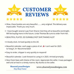 May include: Image of customer reviews with a 5.0 rating, featuring text about product quality and prompt shipping. The reviews mention items like booties, cups, plates, clocks, and calendars. The Etsy shop owner's name and website are also displayed.