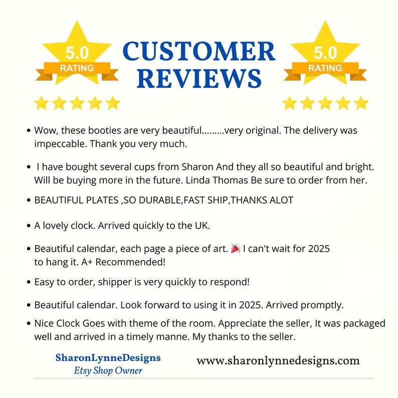May include: Image of customer reviews with a 5.0 rating, featuring text about product quality and prompt shipping. The reviews mention items like booties, cups, plates, clocks, and calendars. The Etsy shop owner's name and website are also displayed.
