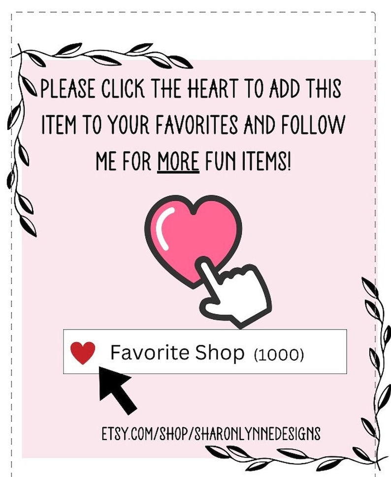 Promotional graphic on a pink background instructing viewers to favorite the shop, featuring a hand pointing to a heart icon and shop URL.