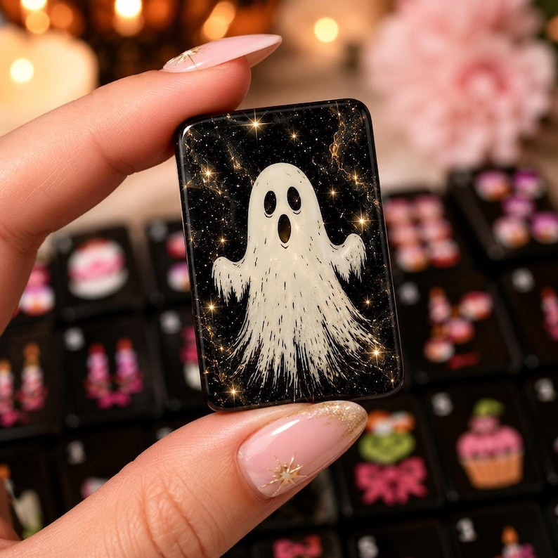 A hand holds a single black mahjong tile featuring a white ghost illustration surrounded by gold sparkle effects.