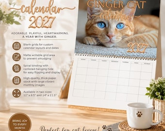 Calendario Ginger Cat 2027, planificador mensual con fotos de gatos
