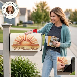 May include: A beige mailbox with a watercolor design of a sunburst and the address "3015 Flower Street". The mailbox is mounted on a wooden post. A person is holding mail.