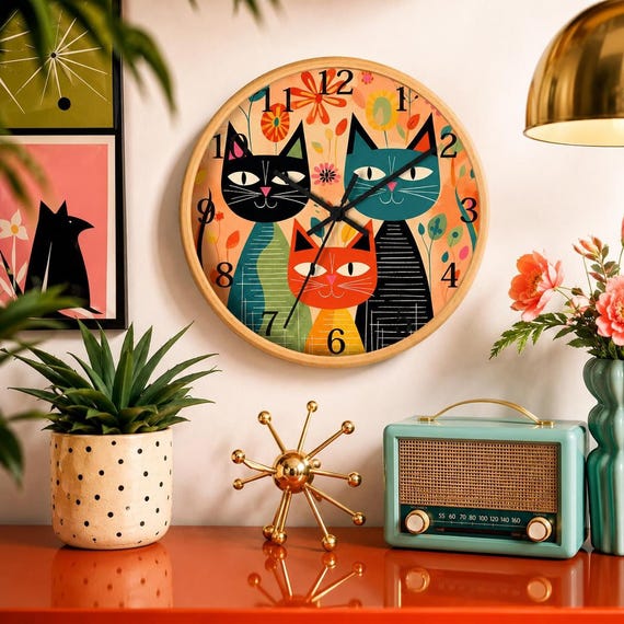 A handmade wall clock channeling Felix the Cat energy with genuine mid-century modern styling — the kind of piece that makes visitors ask 'where did you get that?'