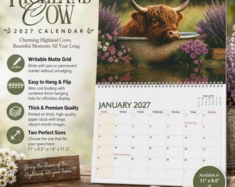 Calendário de parede Highland Cow 2027, planejador mensal personalizável com grade para anotações