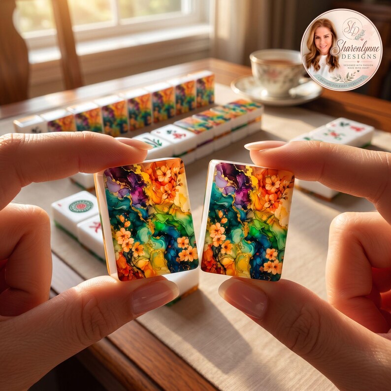 May include: Two rectangular mahjong tiles featuring a vibrant alcohol ink design with swirling patterns of blue, green, purple, and yellow, accented by small orange flowers. The tiles have a white base and are held up against a blurred background.