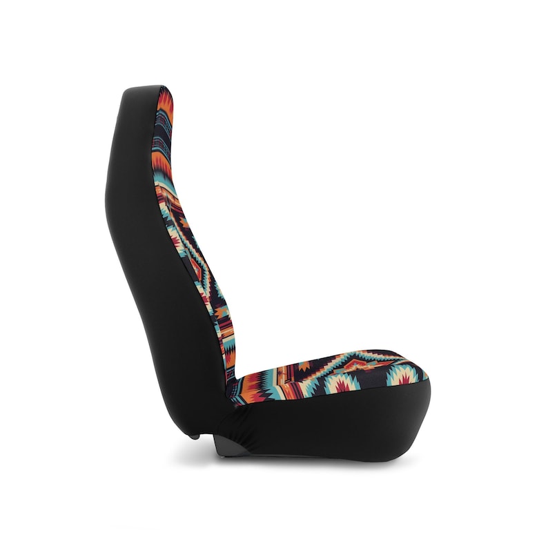 A car seat cover with a colorful geometric pattern on the front and black on the sides, viewed from the left side on a white background.