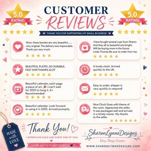 A customer reviews graphic featuring five-star ratings, positive text blurbs, and pink floral decorations on a white background.