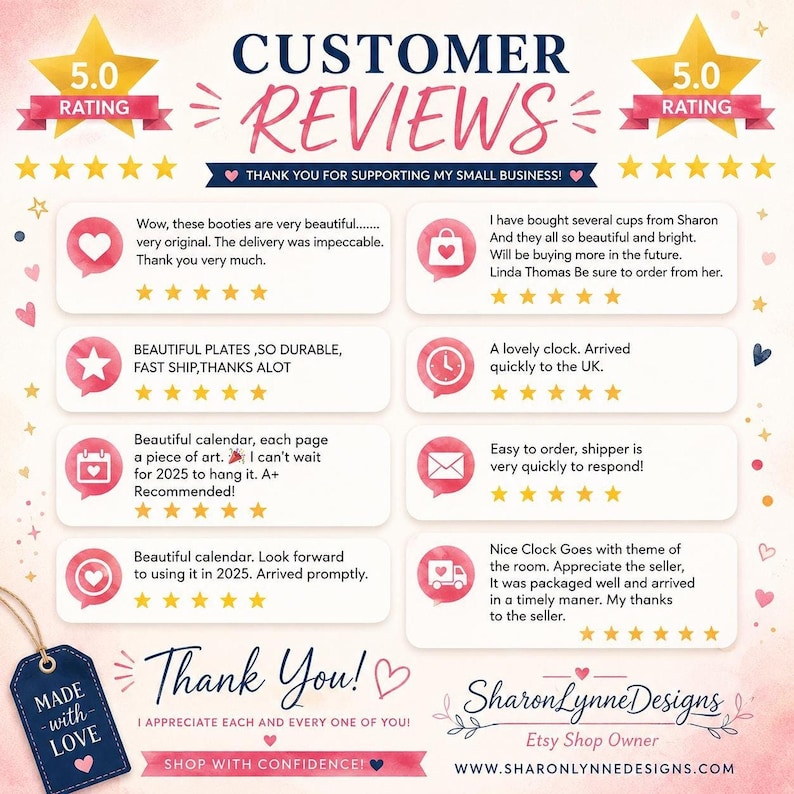 A customer reviews graphic featuring five-star ratings, positive text blurbs, and pink floral decorations on a white background.