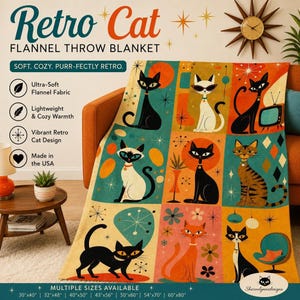 May include: A flannel throw blanket featuring a grid of mid-century modern cat illustrations in orange, teal, and cream. The blanket displays various cats, including black, white, and tabby cats, alongside retro starbursts and furniture icons.