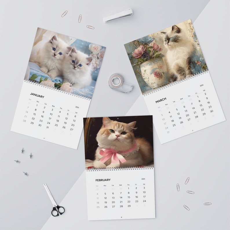 Cat Calendar, Kitty Calendar, Shabby Chic Cat Calendar, Cute Cat