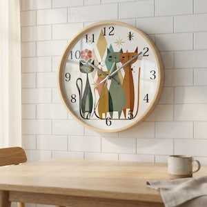 Handgemaakte speelkamer kattenwandklok, stil, hout en plexiglas, retro decor