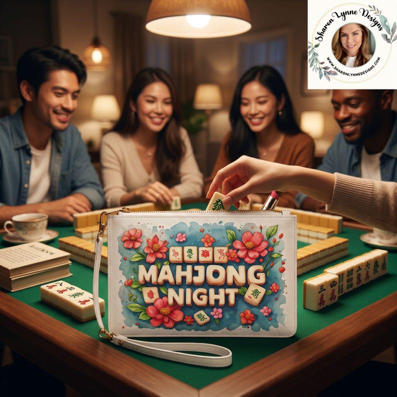 Może przedstawiać: Biała prostokątna torebka na nadgarstek z kolorowym motywem kwiatowym i napisem "MAHJONG NIGHT" pogrubioną czcionką, ozdobiona ilustracjami płytek mahjong. Torebka posiada odpinany biały pasek na nadgarstek oraz złoty metalowy zamek błyskawiczny.