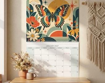 Calendario de pared de mariposas 2027, arte retro de libélulas en papel mate.