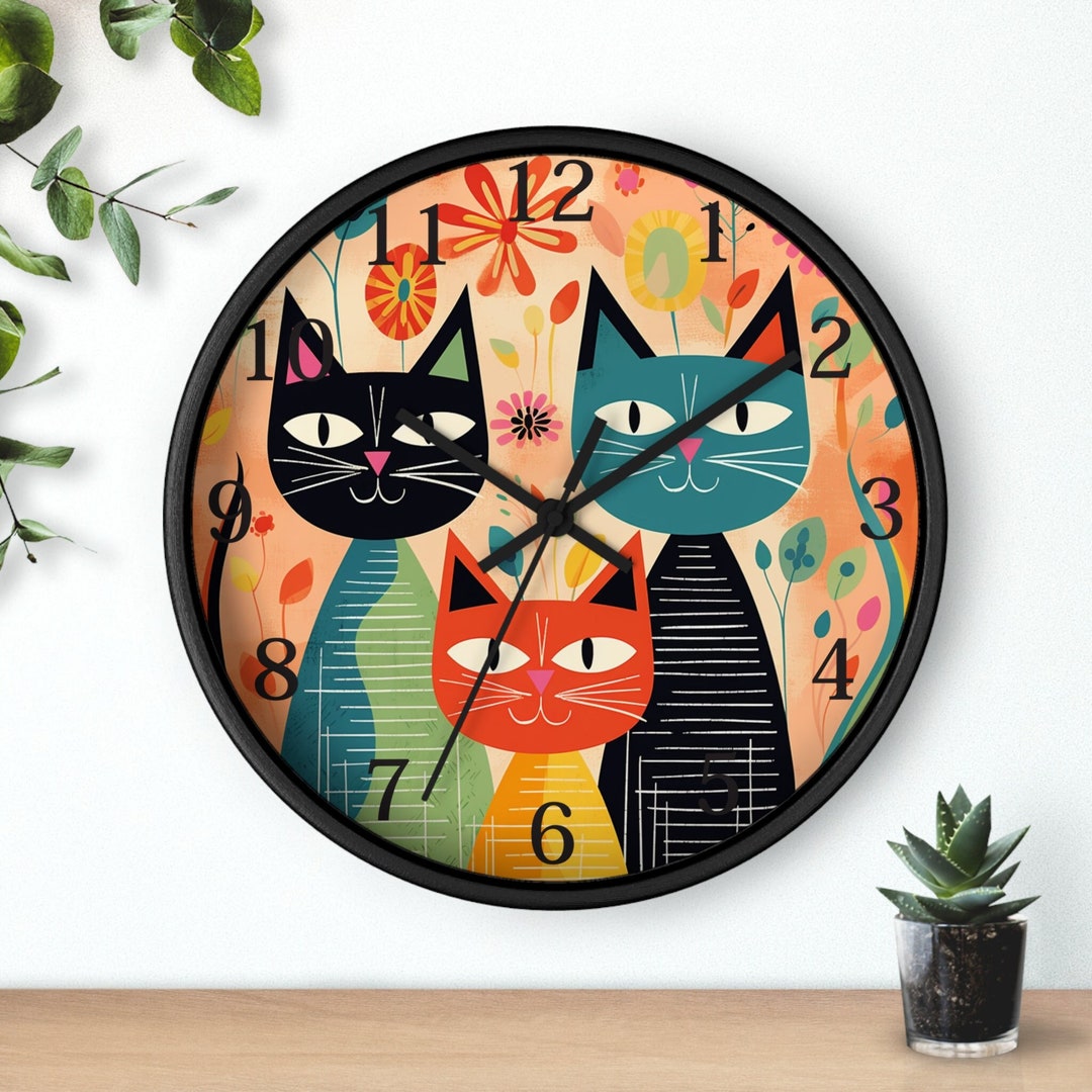 Retro Wall Clock, Cat Clock, Retro Cat Clock, Cat Wall Clock, Mid