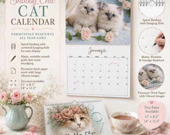 Shabby Chic Cat Wall Calendar 2027, Floral Kitten Monthly Planner in Two Sizes