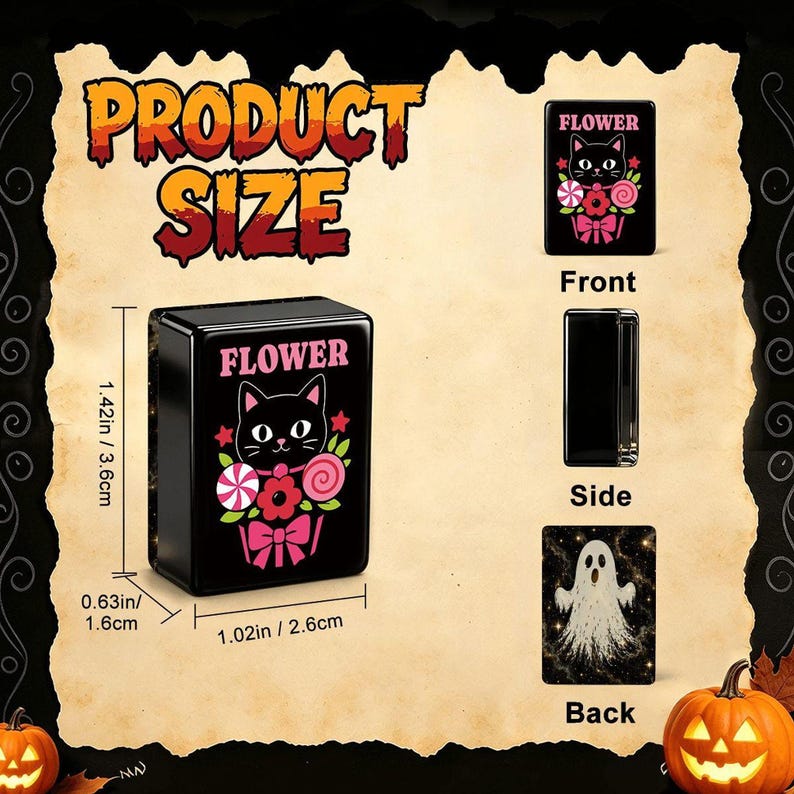 A product sizing diagram illustrates the dimensions of a black mahjong tile box alongside front, side, and back views.