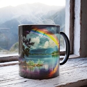 Conversation Novelty Mug, 11 Oz Heat-Reactive Ceramic, Color-Changing Rainbow Lake Scene