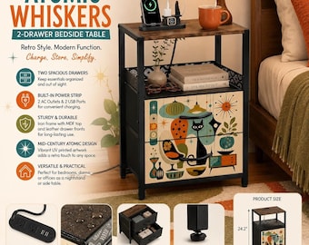 2-Drawer Bedside Table with Power Strip, Modern MDF Nightstand and Spacious Storage