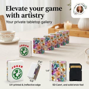 May include: White mahjong tiles with floral designs and "JOKER" text. The tiles are UV-printed with a reflective edge and measure 0.6" x 0.6" x 1.4". The image also includes an SD card.