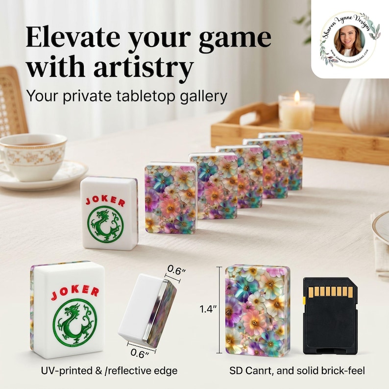 May include: White mahjong tiles with floral designs and "JOKER" text. The tiles are UV-printed with a reflective edge and measure 0.6" x 0.6" x 1.4". The image also includes an SD card.
