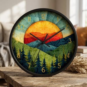 Retro wandklok met zonsopgang en bergmotief, 25 cm plexiglas wijzerplaat, stil uurwerk.