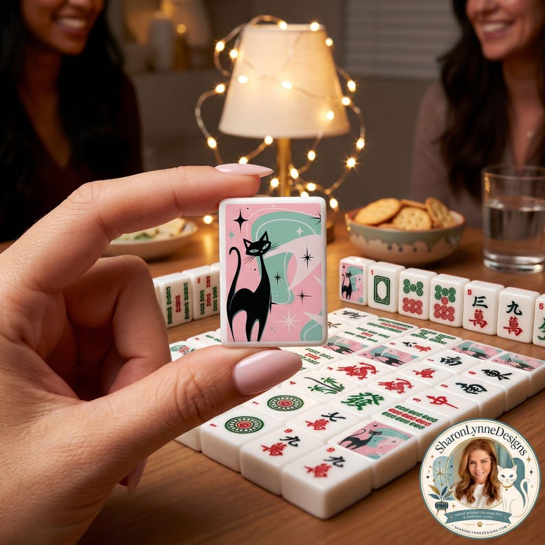 Pink Cat Mahjong Tiles Set - Cute Kawaii Game Pieces Chinese Board Game Accessories