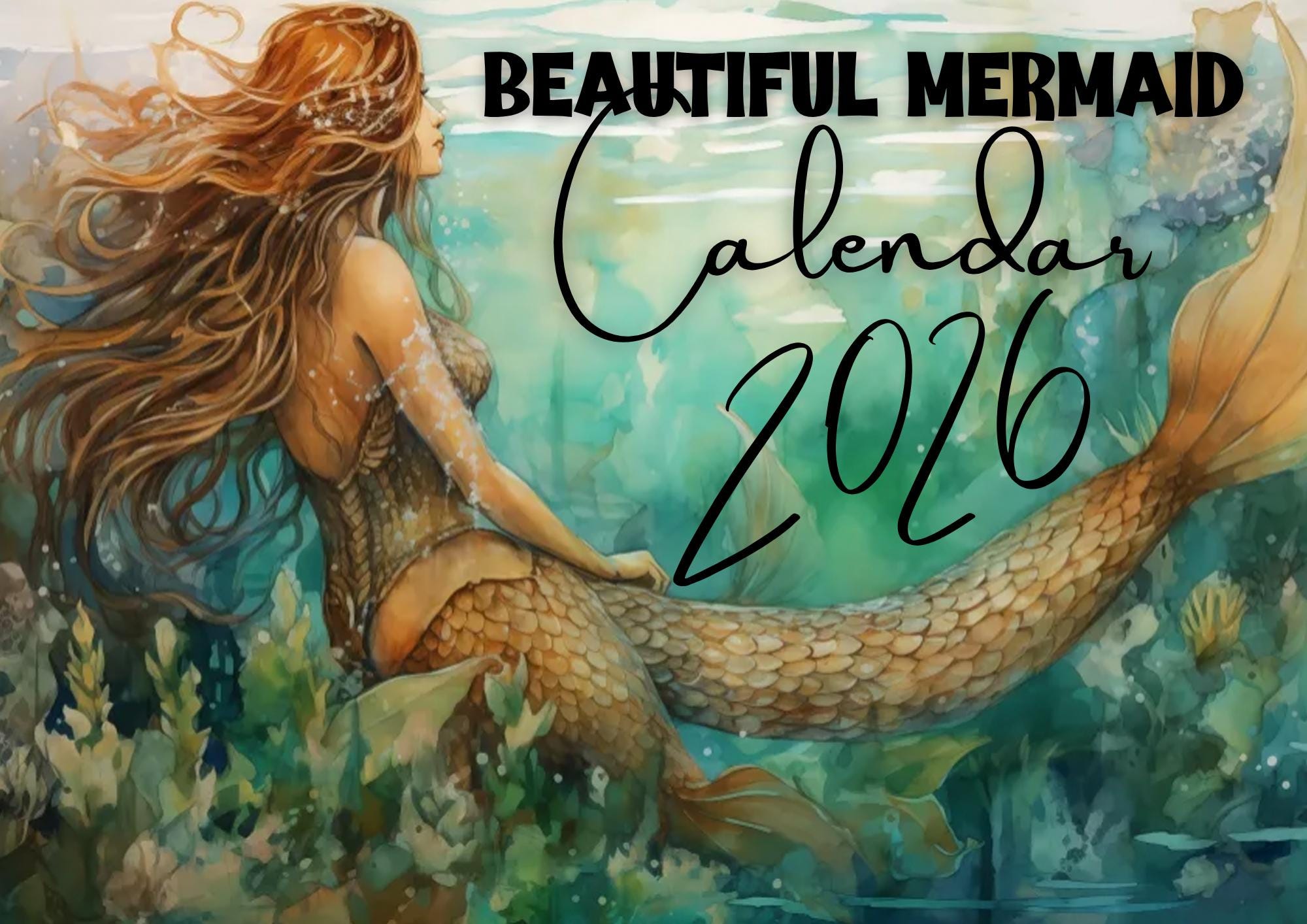 2026 Mermaid Ocean Wall Calendar: Underwater Sea Creature Art Planner with Fish Tail Graphics