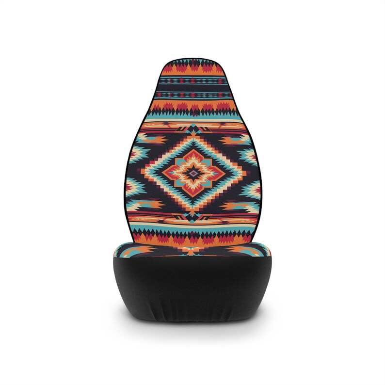 A single car seat cover with a colorful geometric pattern in orange, blue, red, and black, on a white background.