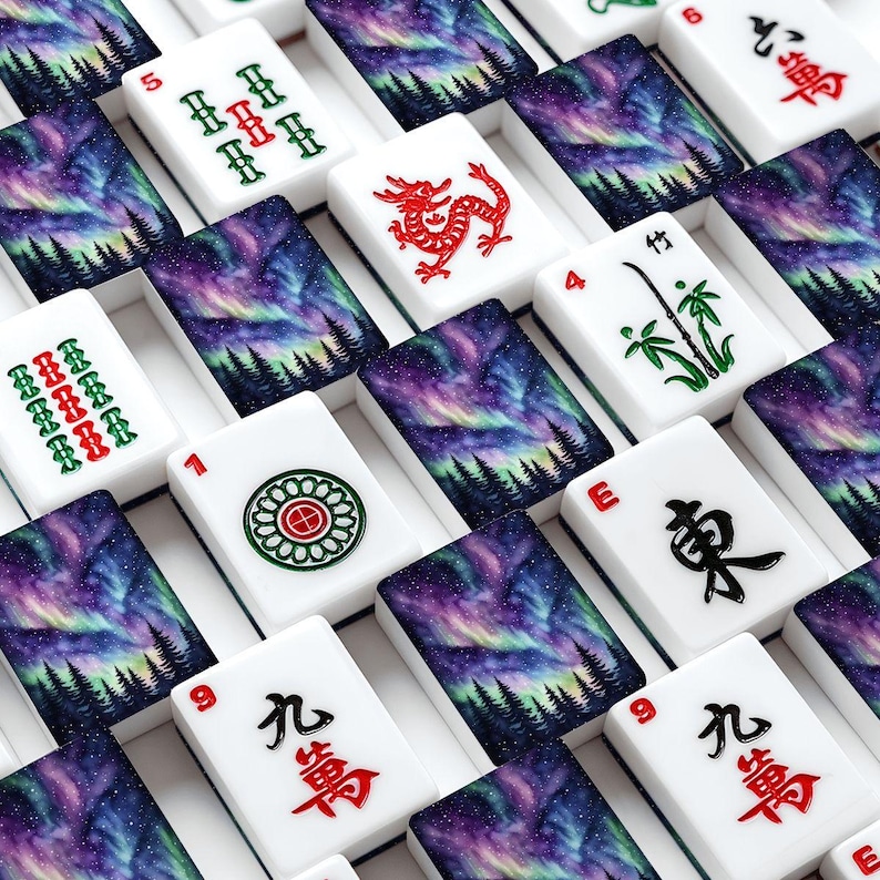 Northern Lights American Mahjong Tiles - Aurora Borealis Blue Game Set with Colorful Design afbeelding 9