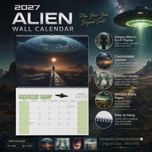Alien 2027 Wall Calendar - Sci-Fi Space Theme Monthly Planner, Extraterrestrial Home Decor