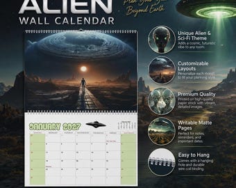 Alien 2027 Wandkalender - Maandplanner met sciencefiction- en ruimtethema, buitenaardse woondecoratie