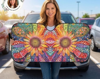 Sunblock Pattern Windshield Sun Shade, Retro Floral PVC + PE Bubble, 57 x 27.6-Inch