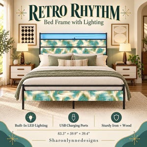 May include: A black metal bed frame with a headboard and footboard featuring a teal and cream abstract pattern. The bed includes built-in LED lighting and USB ports. Text reads: RETRO RHYTHM Bed Frame with Lighting, 83.3" x 59.9" x 39.4".