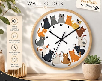 Cat Wall Clock: Playful Kitty Decor with Colorful Design and Wood Frame
