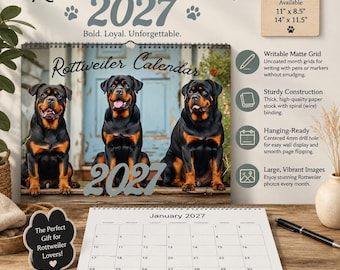 Rottweiler Puppies Wall Calendar 2027, Blank Writable Pages, Spiral Binding, Two Sizes