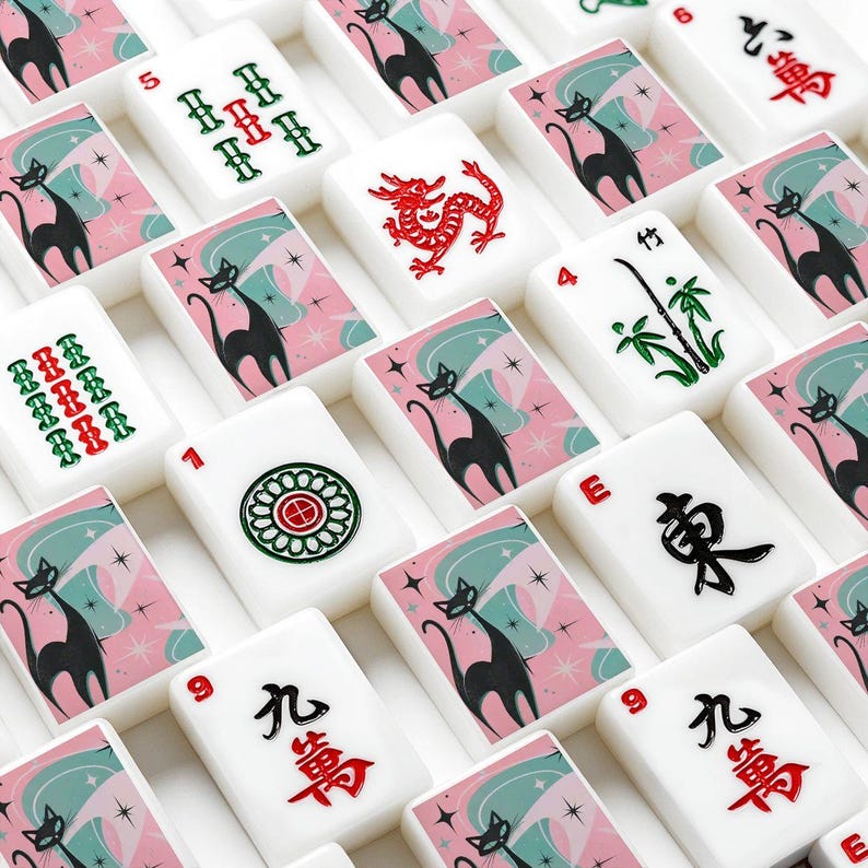 Pink Retro Cat Mahjong Tile Set, Acrylic Tabletop Game Accessories image 2